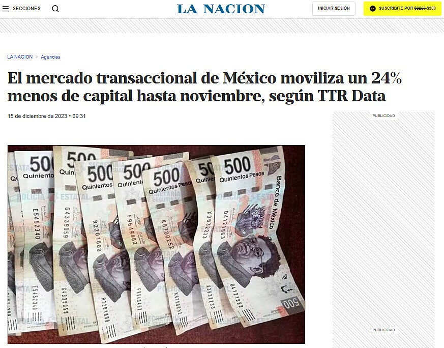 El mercado transaccional de Mxico moviliza un 24% menos de capital hasta noviembre, segn TTR Data